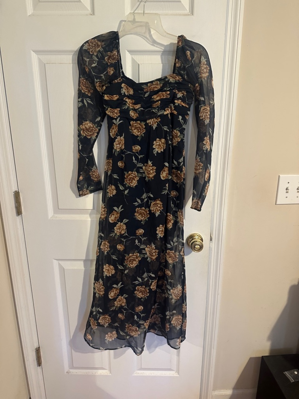 Abercrombie & Fitch Black Floral Midi Dress with Tan Roses